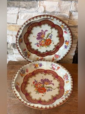 Set Floral Tin Scalloped Bowls Daher 10” Decorated Ware Vintage England Colorful